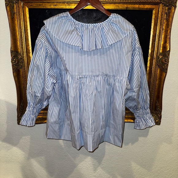 Quiet Culture Lady Bird Cotton Blue Striped Ruffled Puff Sleeve Pajama Top XS - Picture 6 of 8